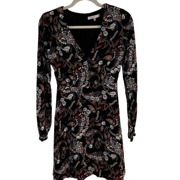 WAYF Malone Plunge Mini Dress Black Floral Paisley Print XS Long Sleeve - Picture 2 of 7